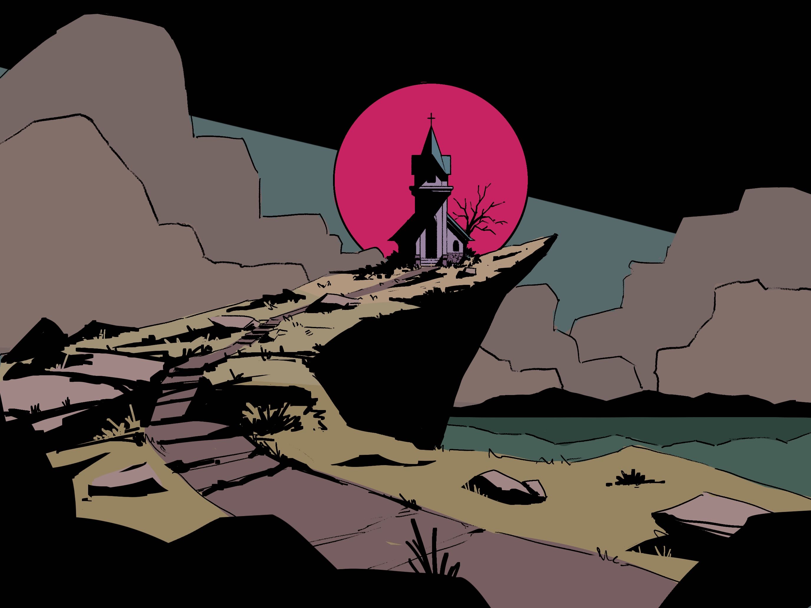 animation film thumbnail of a church on a hill and a red moon behind it