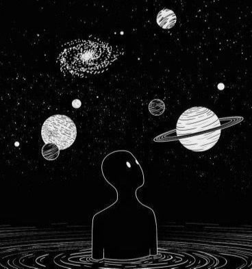 Character looking up at the stars and planets